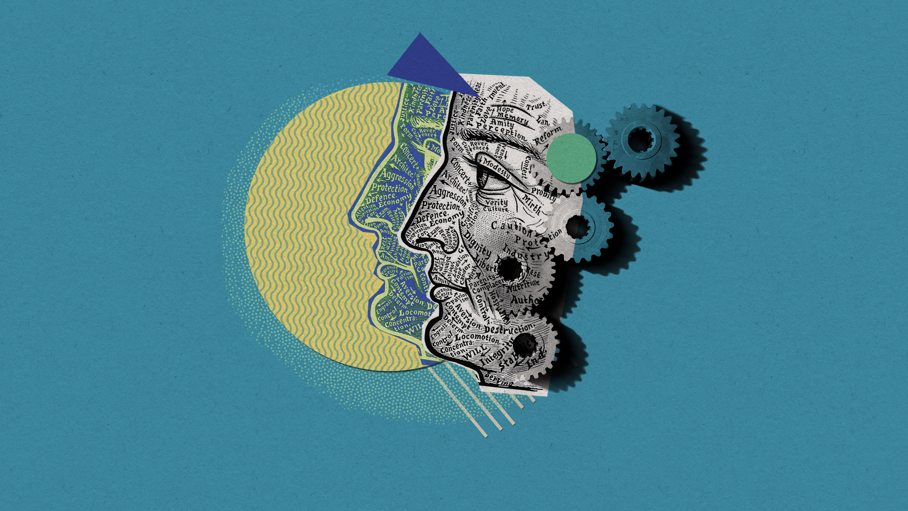 illustration of human characteristics charted to a face repeated in a contrasting color with machine cogs