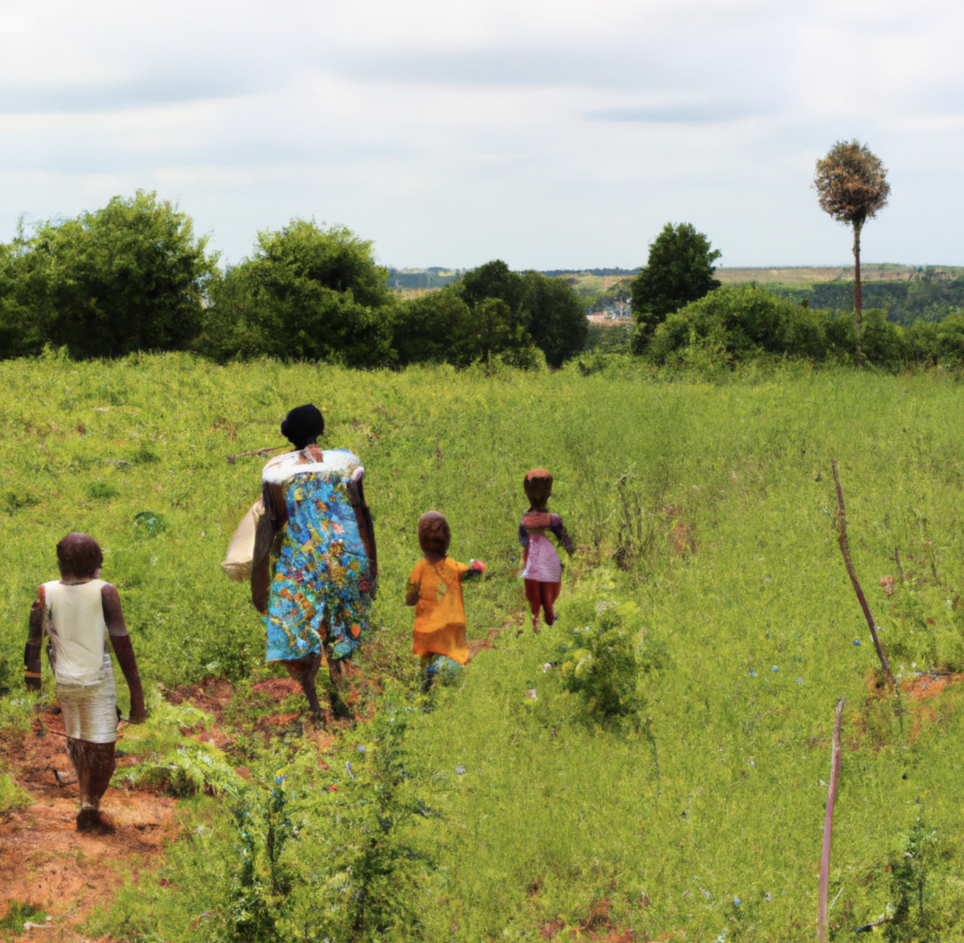 a generated image of a mother walking on a footpath with three children in a green field