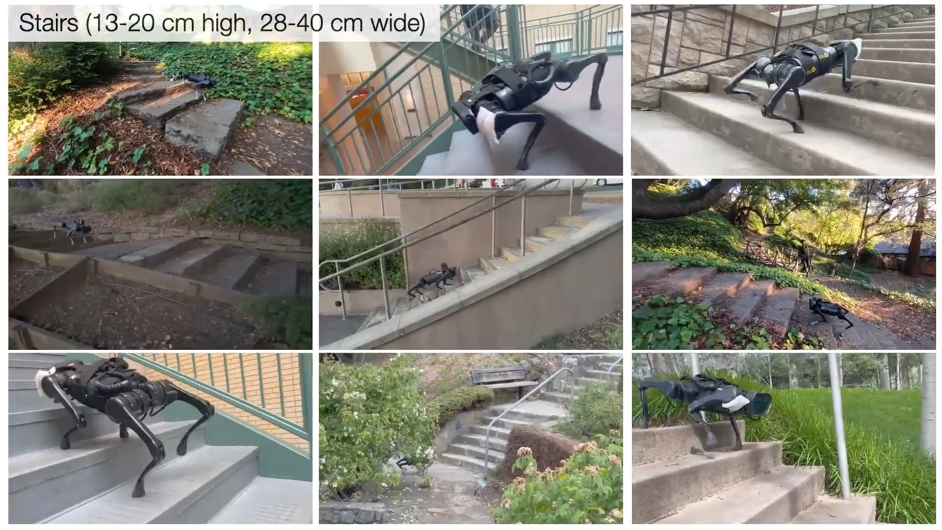 grid of clips of robot dog walking on stairs